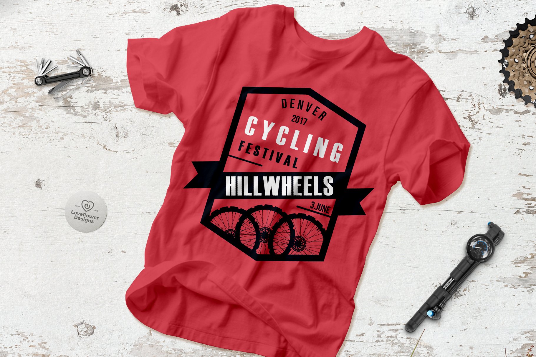 Red t-shirt with a cycle lettering.