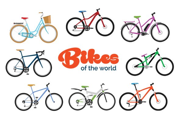 Red and blue lettering "Bikes Of The World" and 8 bike illustrations on a white background.