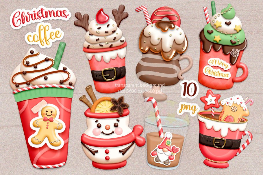 Clipart of 7 different illustrations of Christmas coffee.