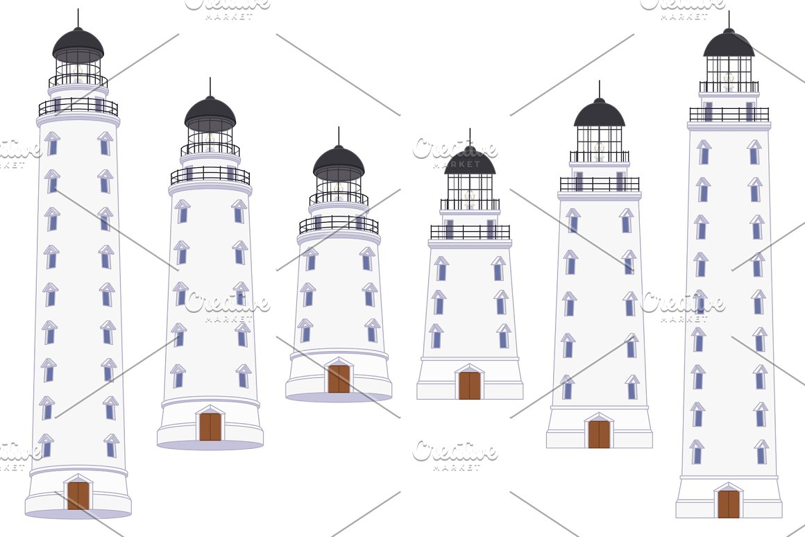 White illustrations of a lighthouse on a white background.