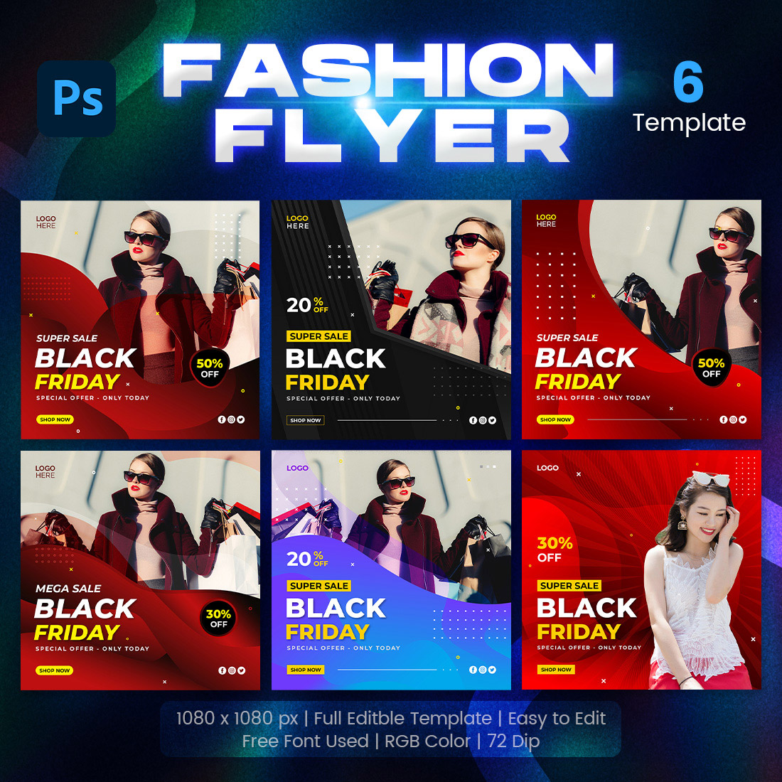 Black Friday Sale Instagram Post and Social Media Post Design 6 Set Template.