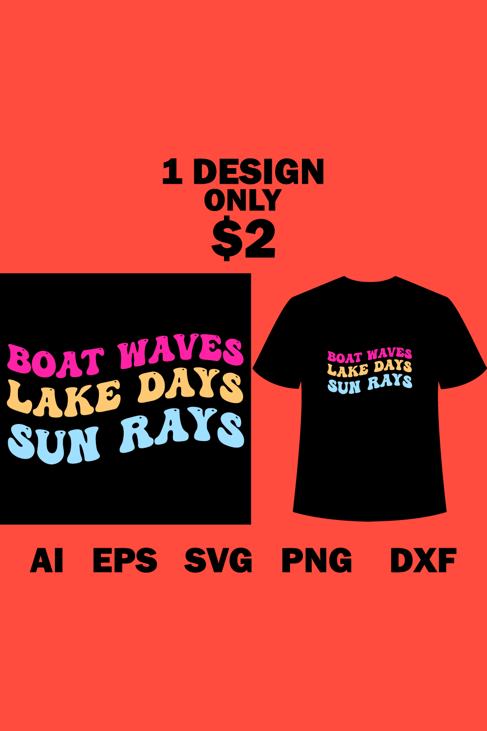 Image of a t-shirt with a charming slogan Boat Waves Lake Days Sun Rays
