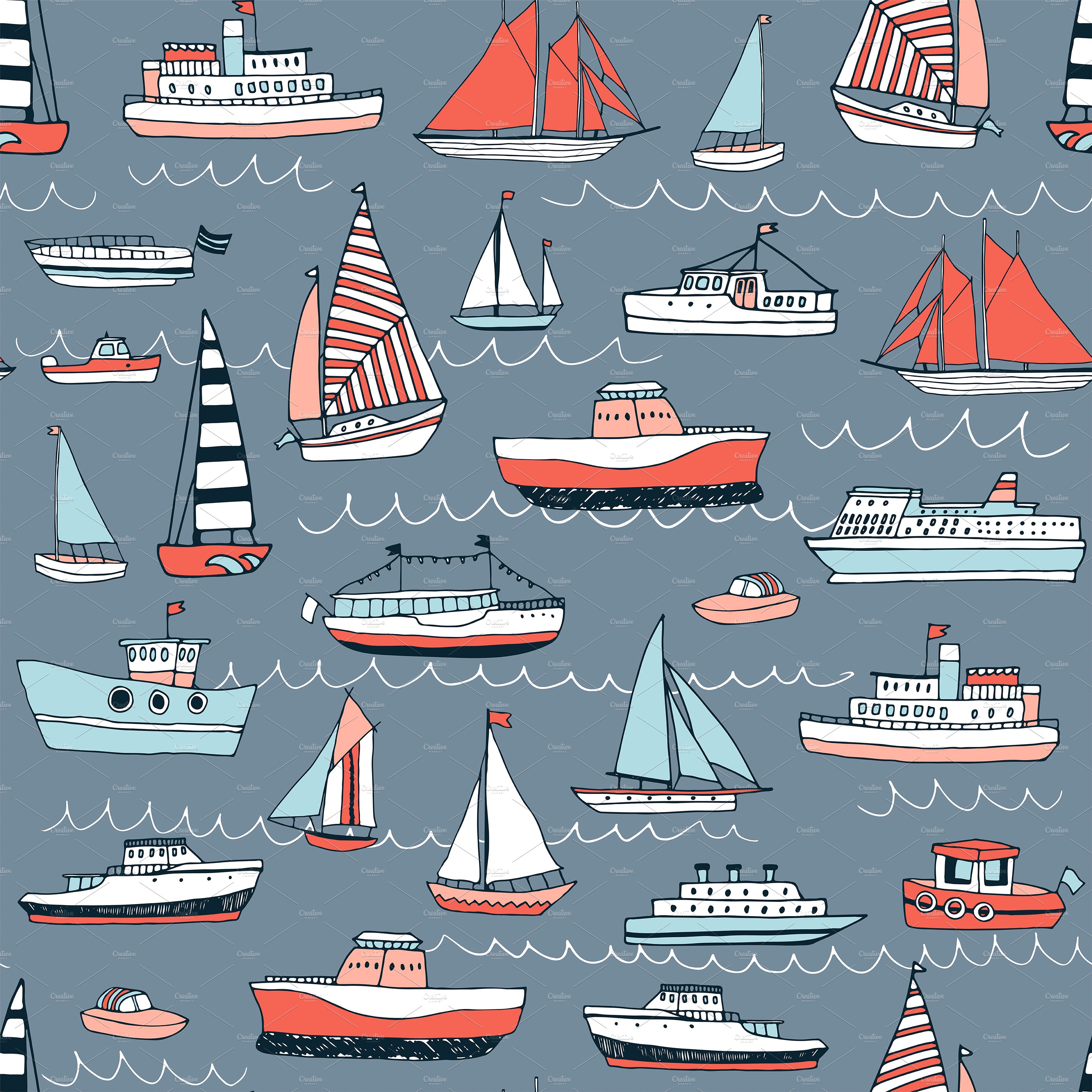 Boats on the blue background seamless pattern preview.