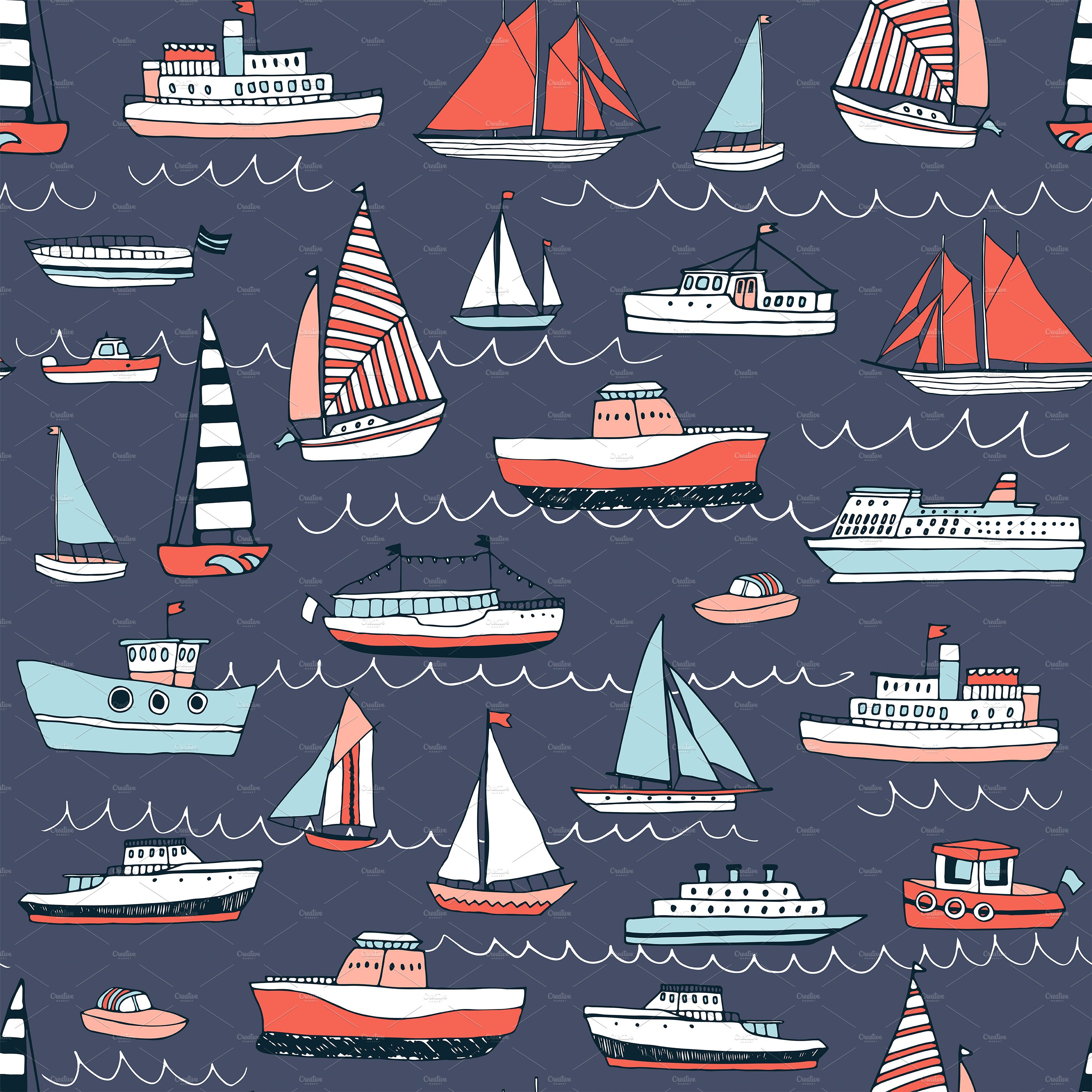 Boats on the blue background seamless pattern preview.