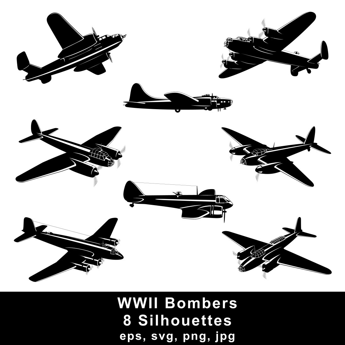 WWII Aircrafts. Bombers Silhouettes SVG main cover.