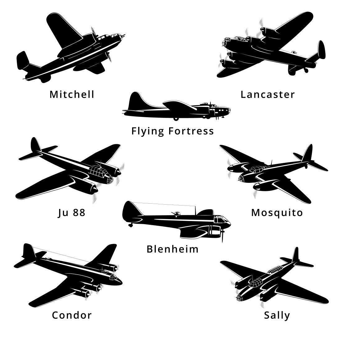 WWII Aircrafts. Bombers Silhouettes SVG cover image.