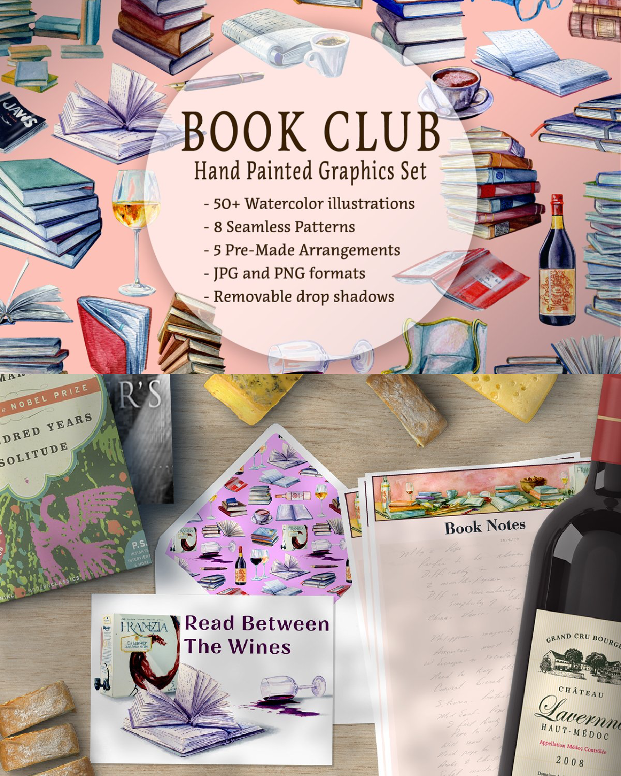 Book club hand painted graphics set pinterest image preview.