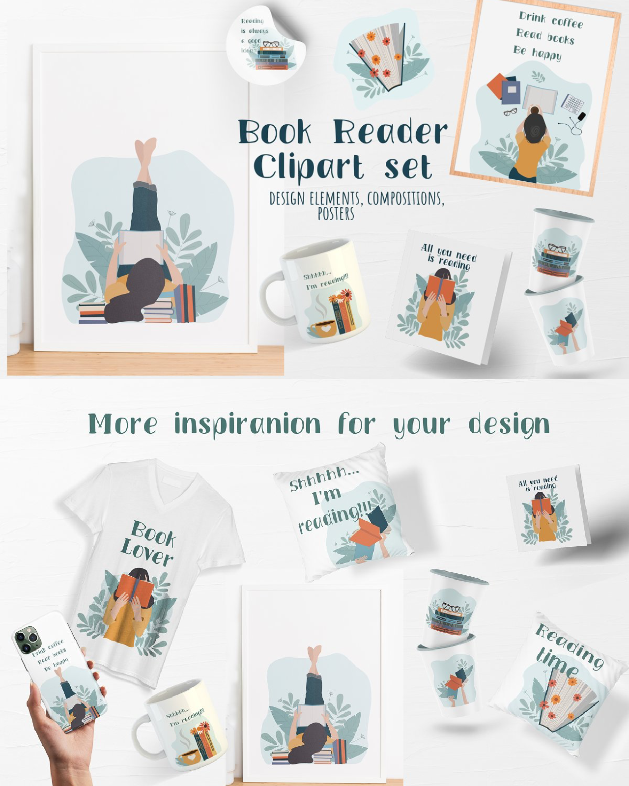 Book reader set. girl with book pinterest image preview.