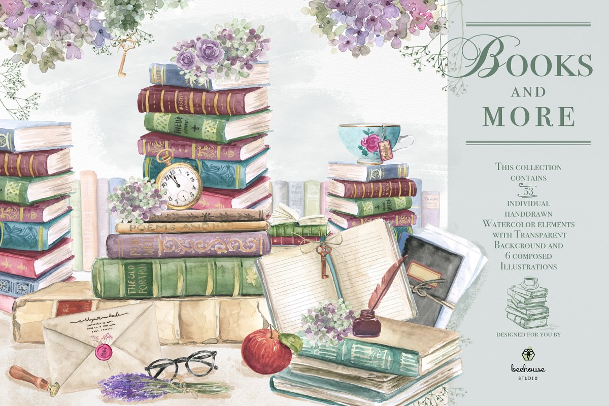 Cover image of Books&More Watercolor Illustrations.