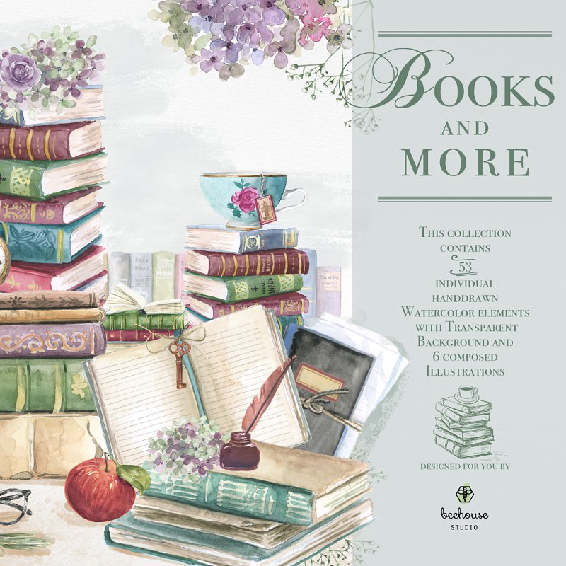 Booksmore watercolor illustrations main image preview.