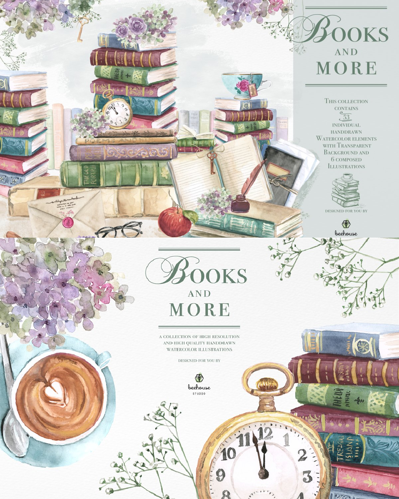 Booksmore watercolor illustrations pinterest image preview.