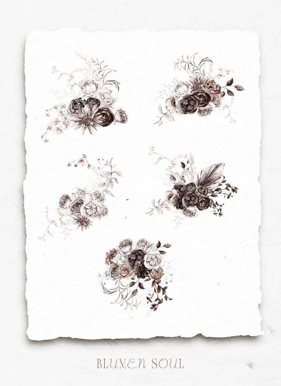 5 brown floral bouquet compositions on a white paper.