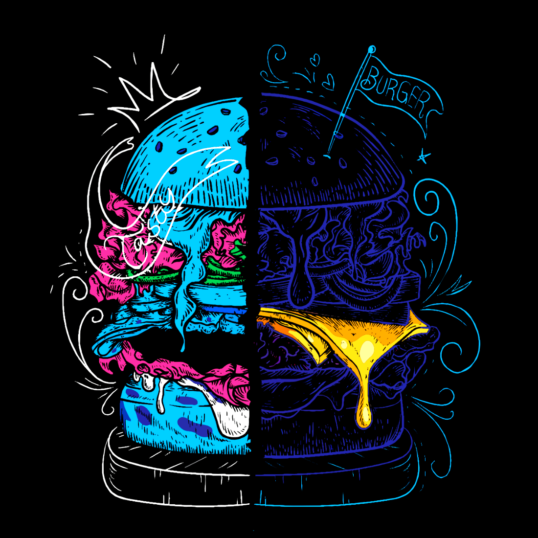 Burger Doodle Design T-shirt Print preview image.
