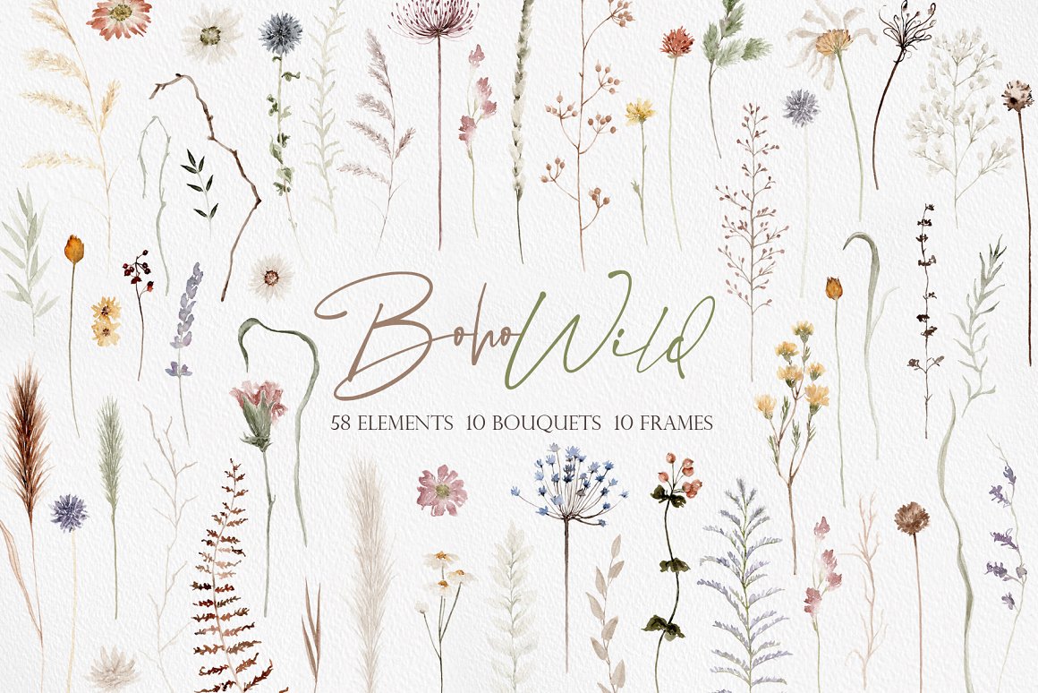 Gray cover with 58 different floral elements and lettering "BohoWild".
