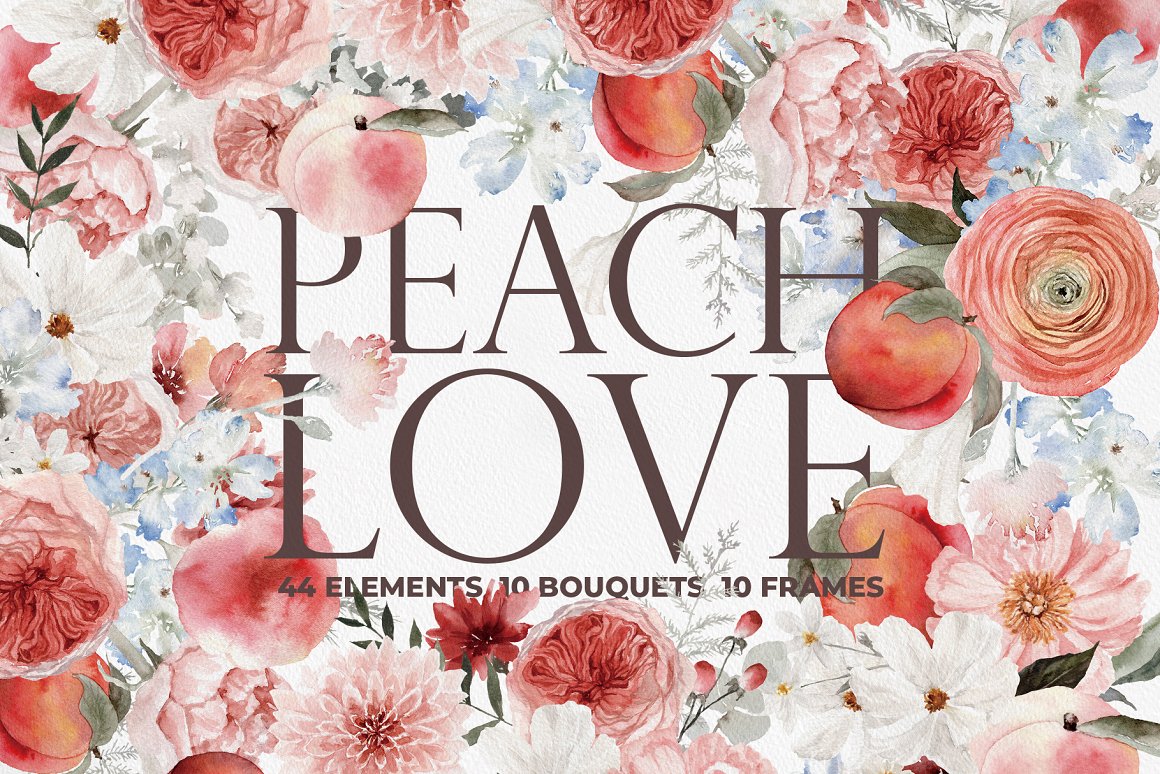 Cover with lettering "Peach Love" and different flower and peach compositions.
