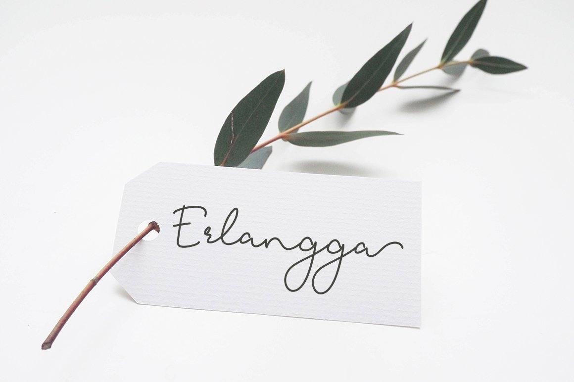 White label with dark gray calligraphy lettering "Erlangga".