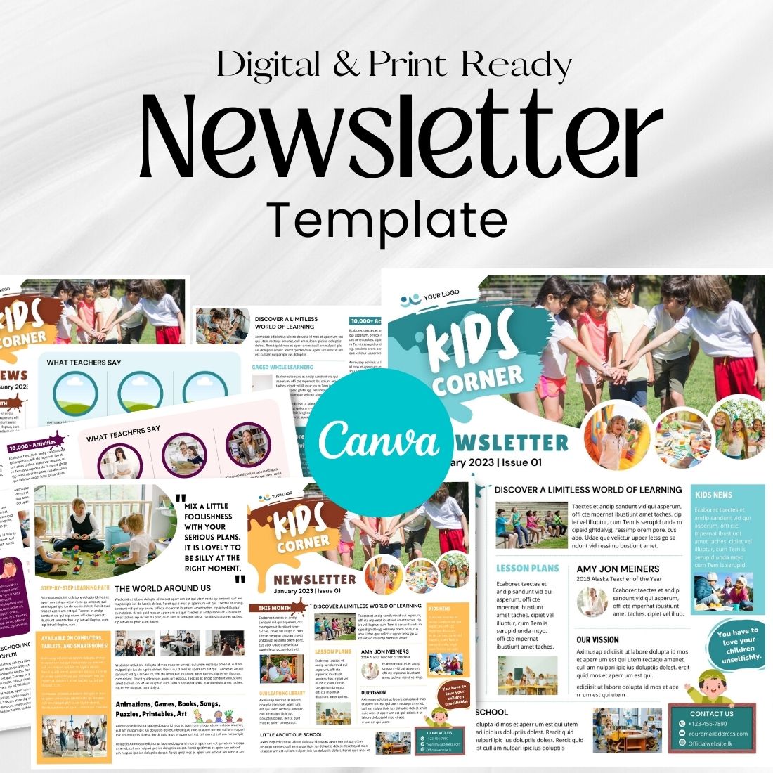 Instant Download Canva Newsletter Template for Kids cover image.