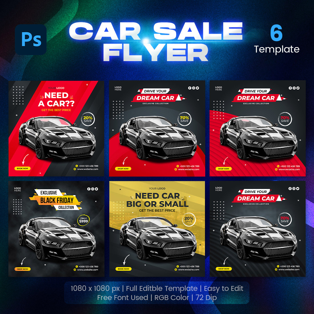 Car Sale or Rent Social Media Promotion Square Banner 6 Set Template.