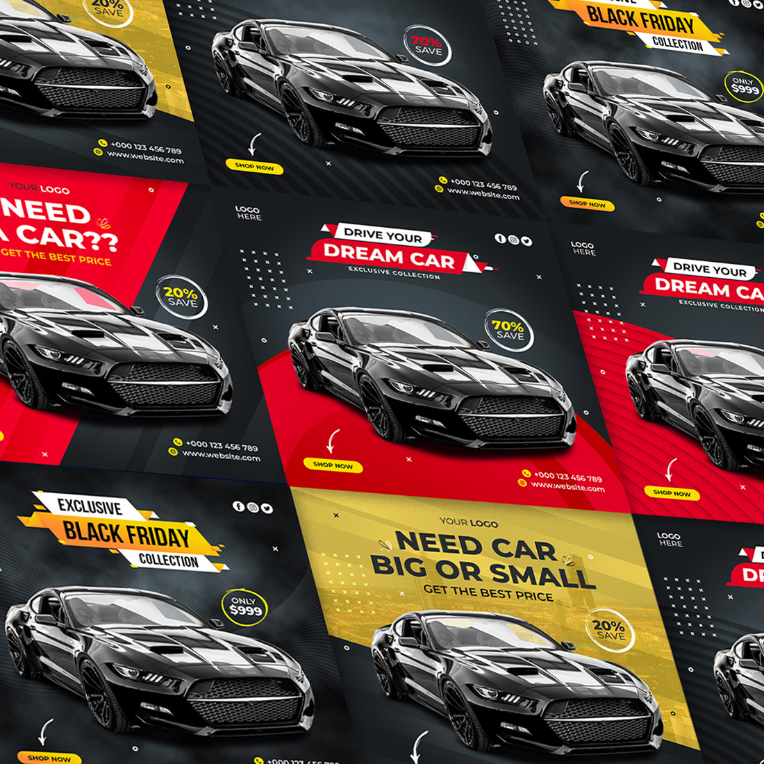 Car Sale or Rent Social Media Promotion Square Banner 6 Set Template Cover.