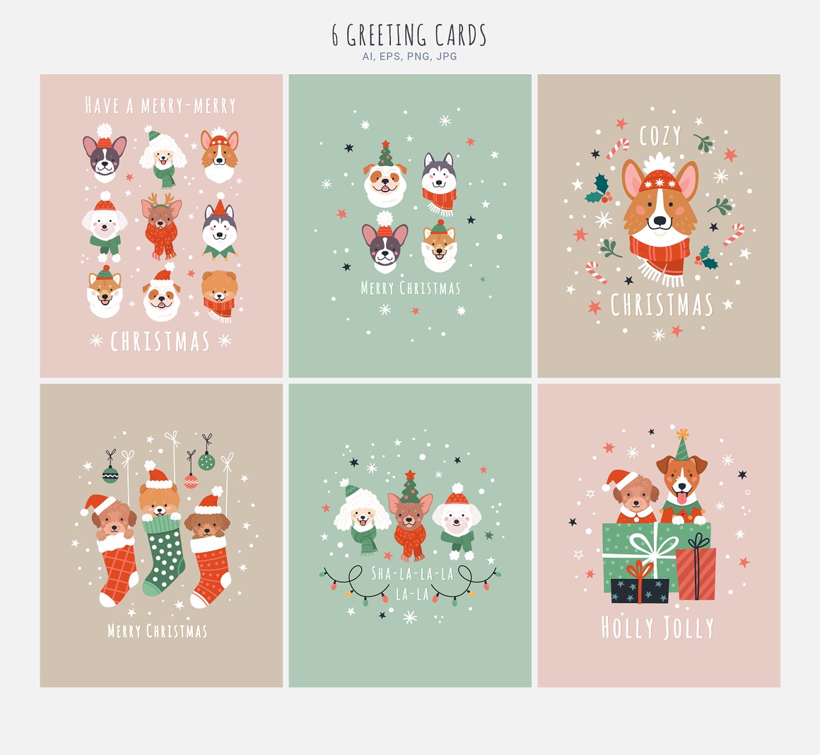 6 greeting cards with illustrations of xmas dogs.