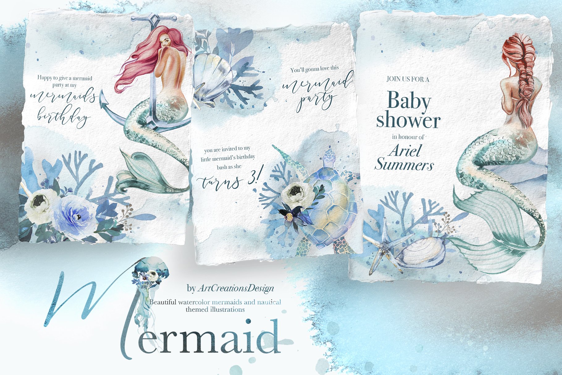 Watercolor Mermaid Clipart Set preview.