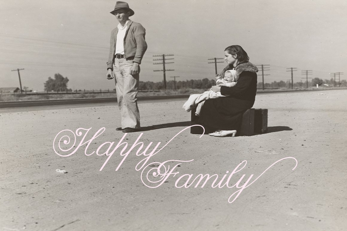 White "Happy Family" calligraphy lettering on the background of vintage image.