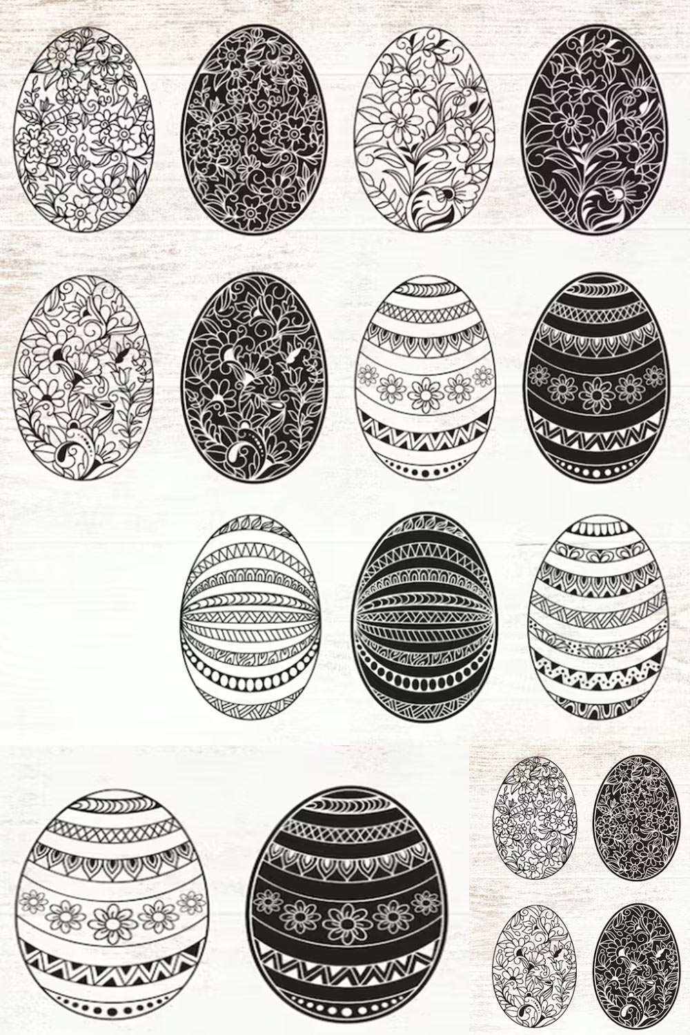 Collage of eggs with different ornaments in black and white.