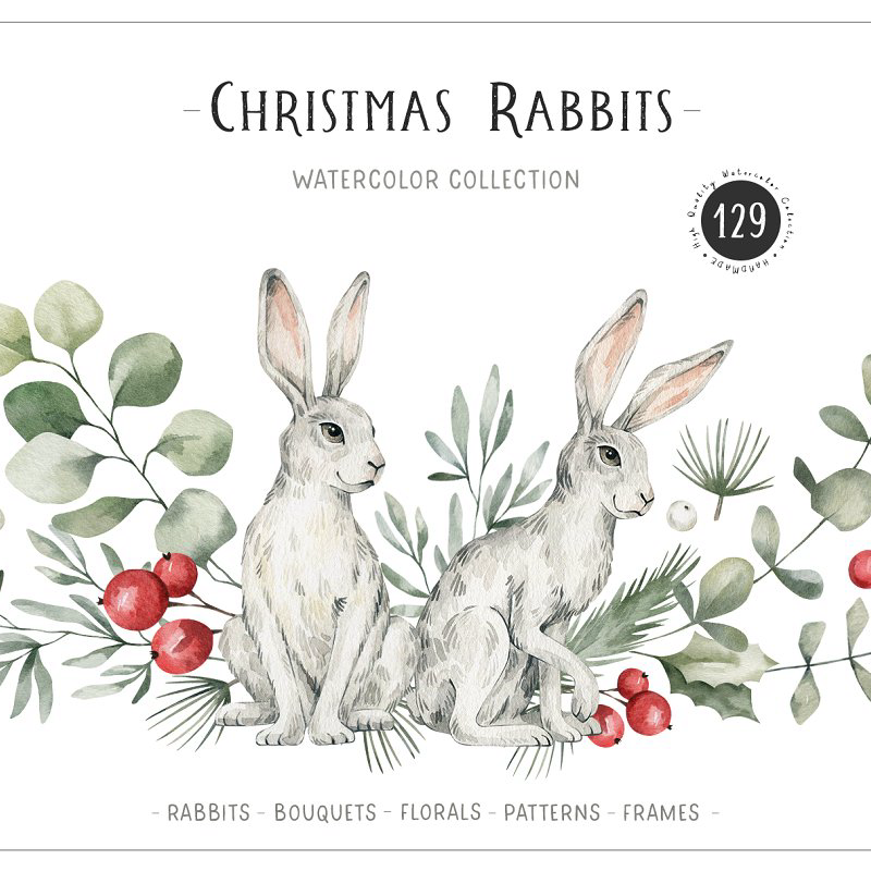Christmas rabbits watercolor animals main image preview.