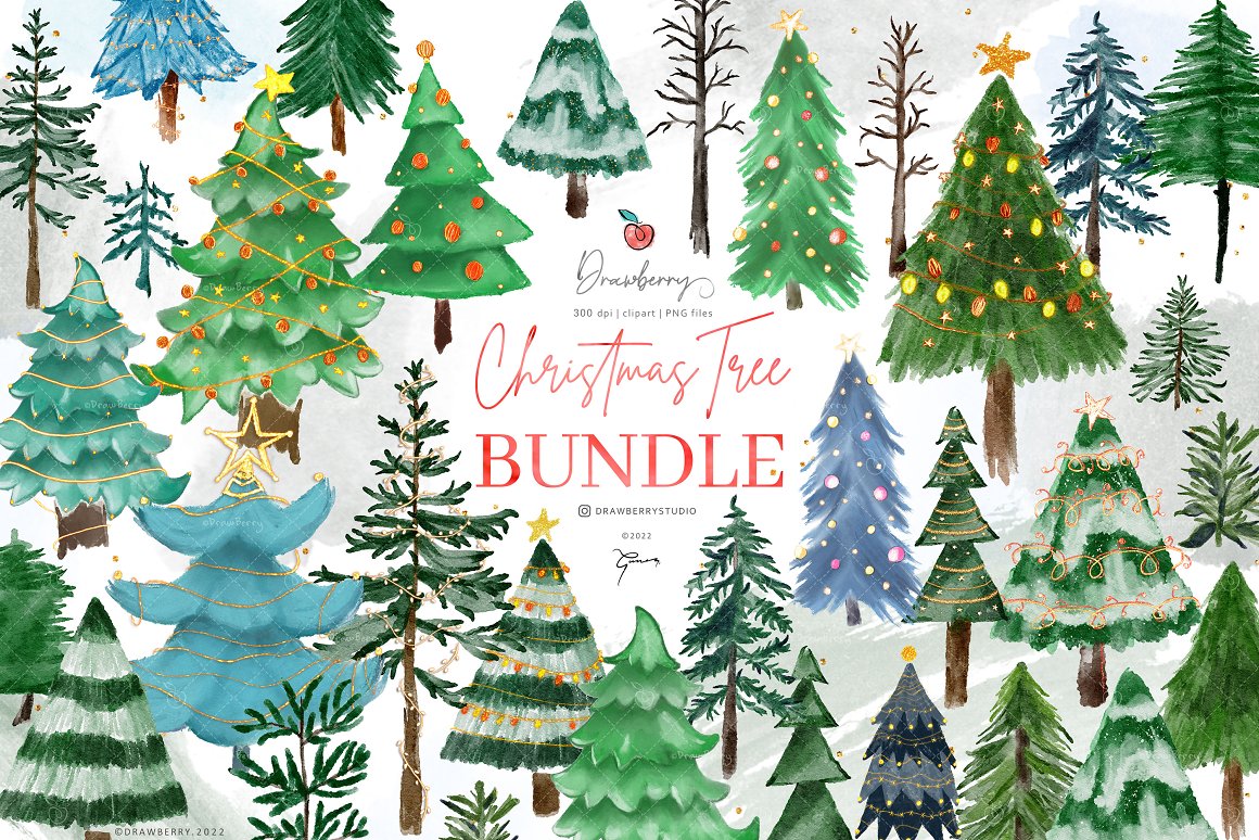 Cover with red lettering "Christmas Tree Bundle" and more illustrations of christmas tree.