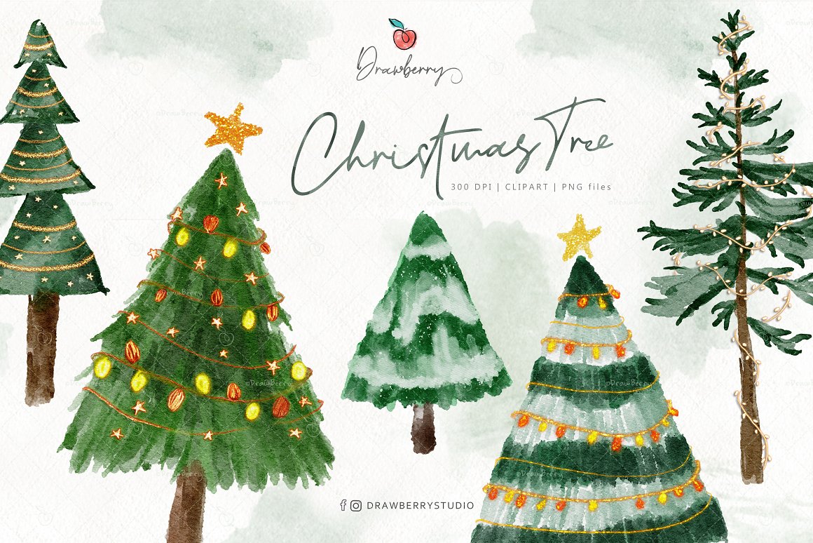 Lettering "Christmas Tree" and 5 watercolor illustrations.