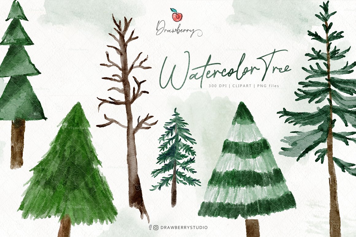 6 watercolor illustrations of xmas tree on a gray background.