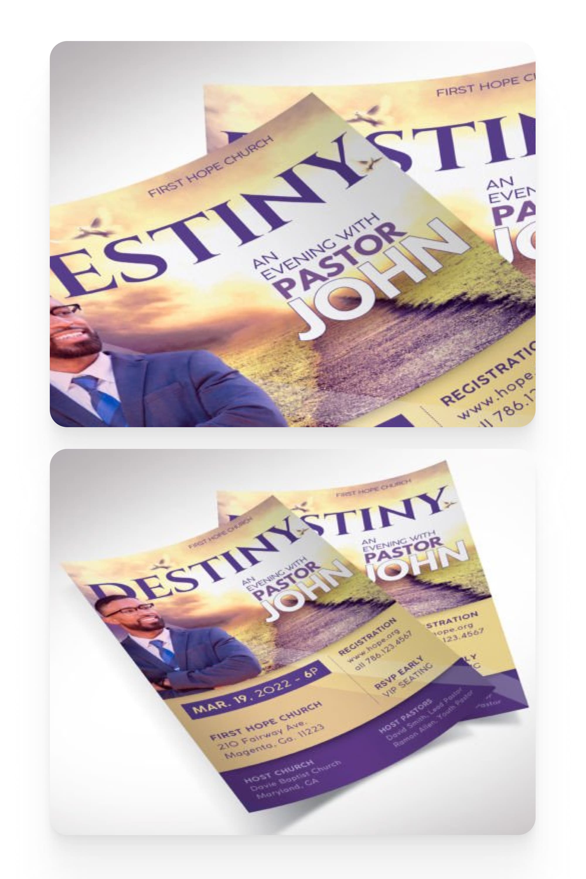 Image of a flyer with a man in a suit and a yellow-purple color scheme.