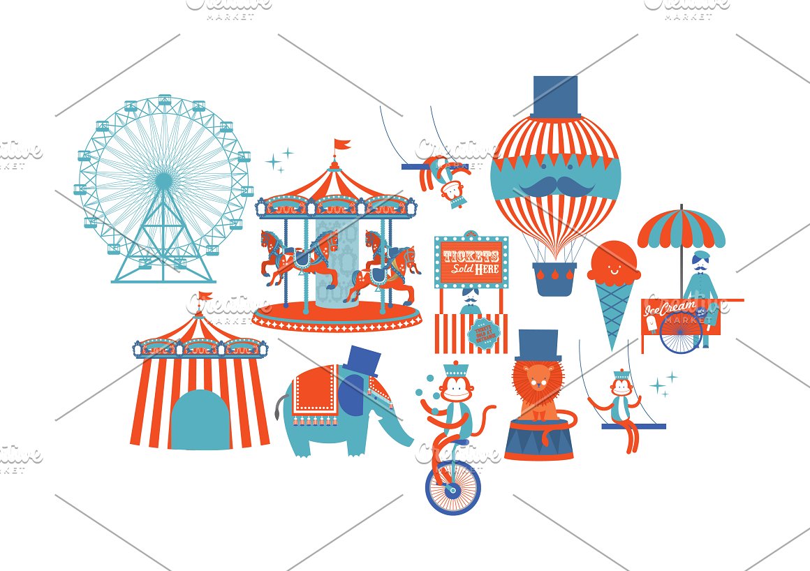 Blue and red set of different illustrations of circus on a white background.