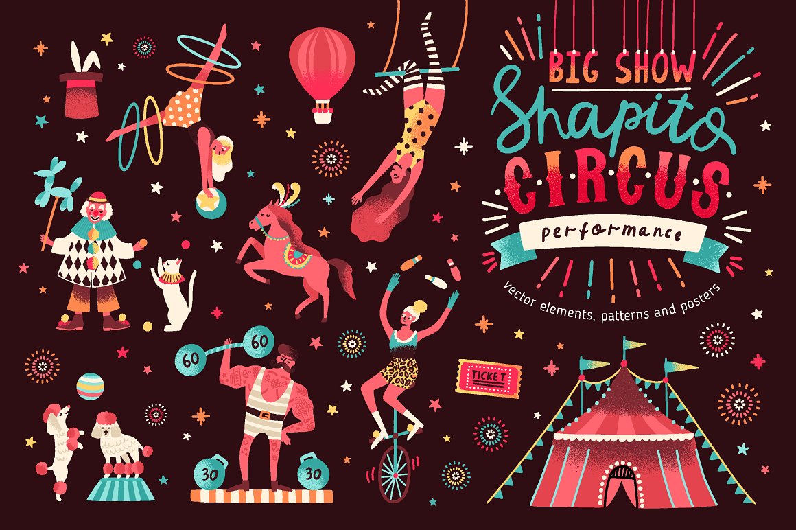Colorful set of different illustrations of circus perfomance on a brown background.
