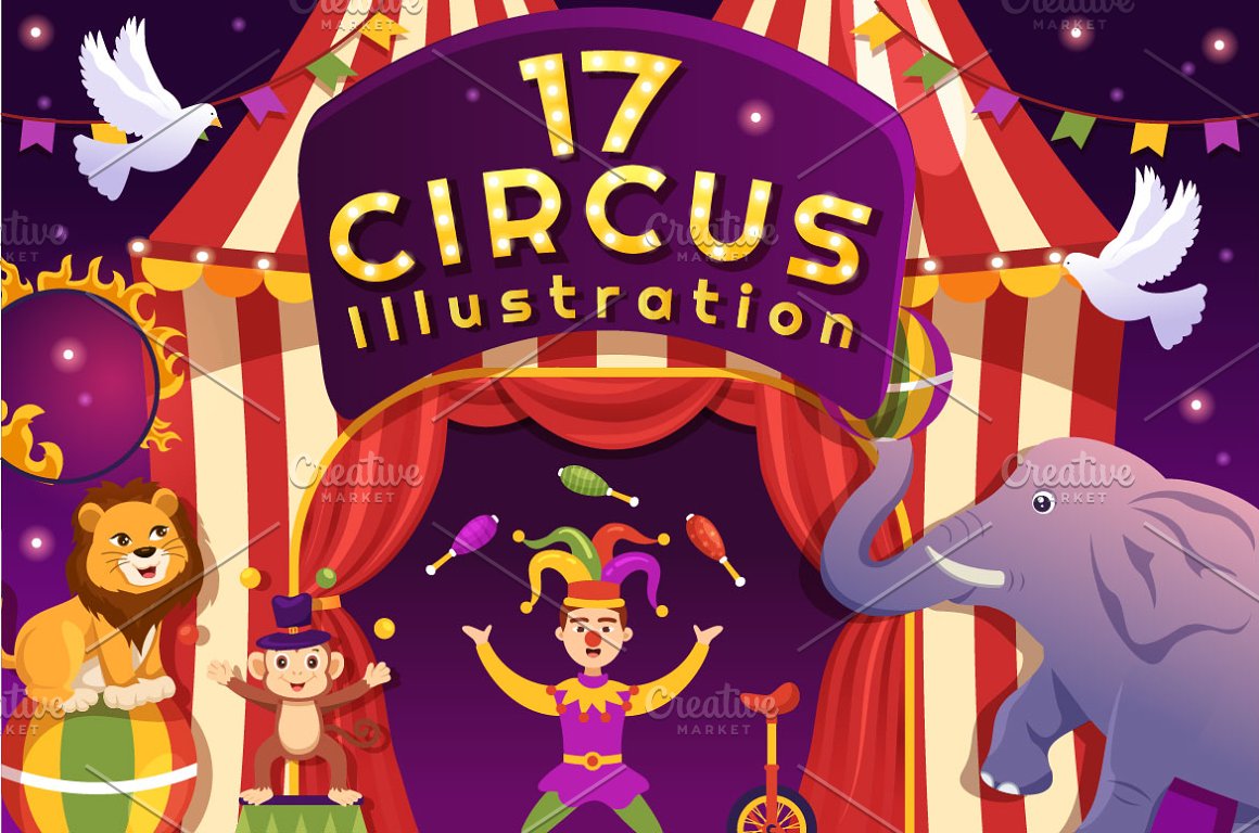 Cover with yellow lettering "17 Circus Illustration" and different illustrations on a purple background.