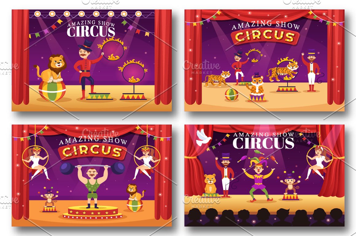 4 red and purple horizontal examples of circus perfomance.
