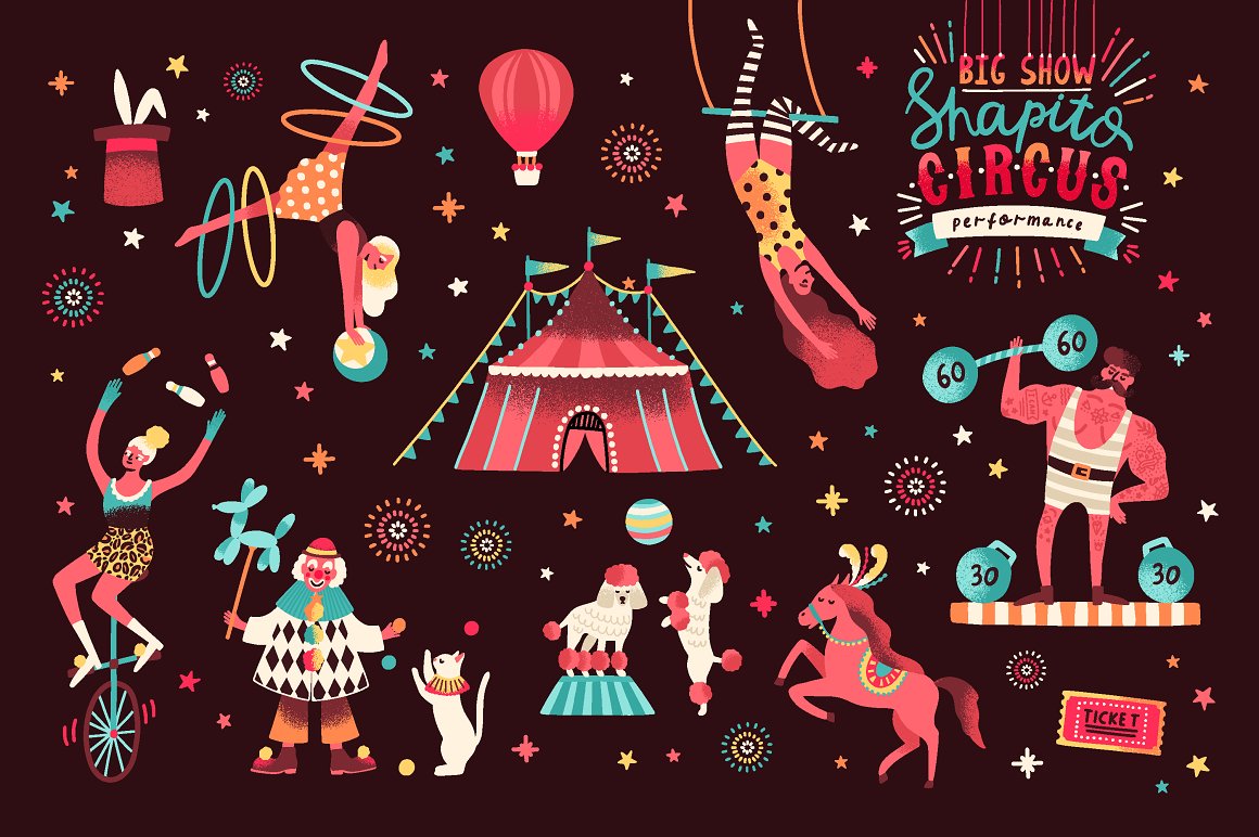 Clipart of different circus illustrations on a brown background.