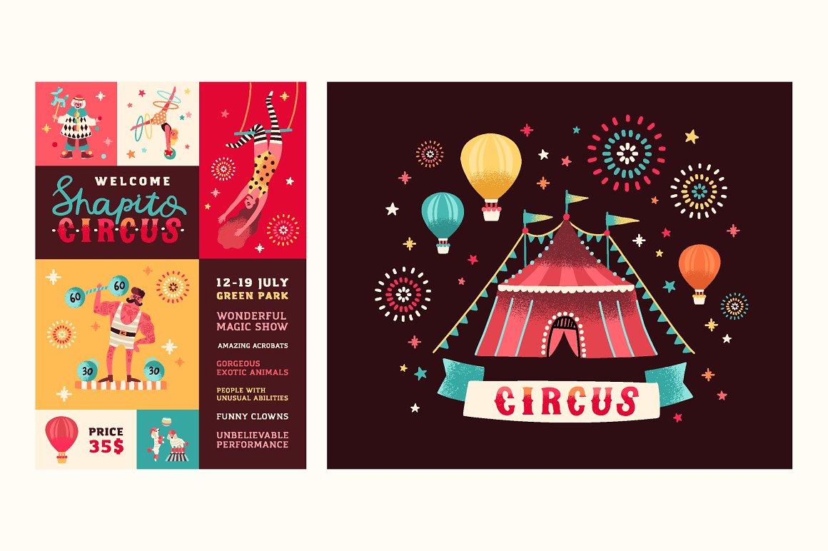 Invitation circus card and illustration of circus and red lettering on a brown background.