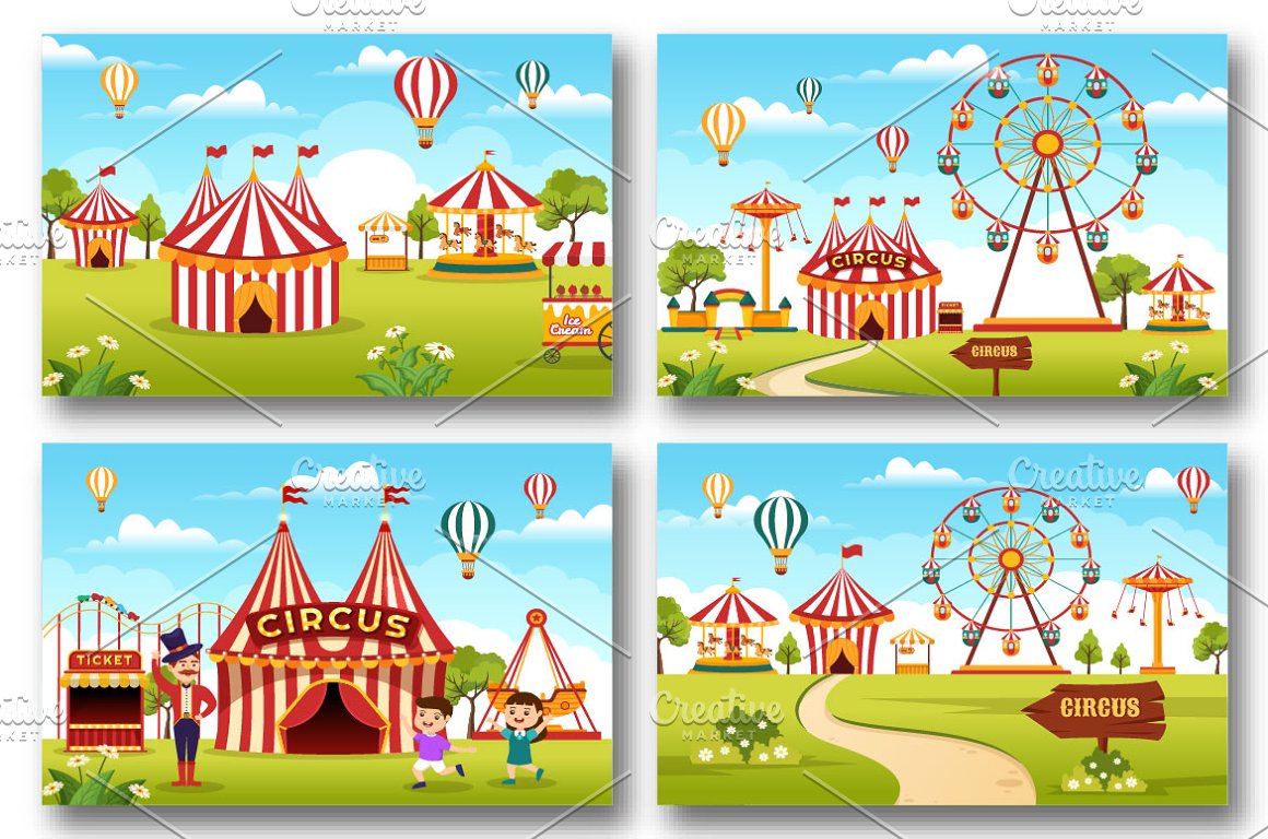A set of 4 circus pictures in blue, green and red on a white background.