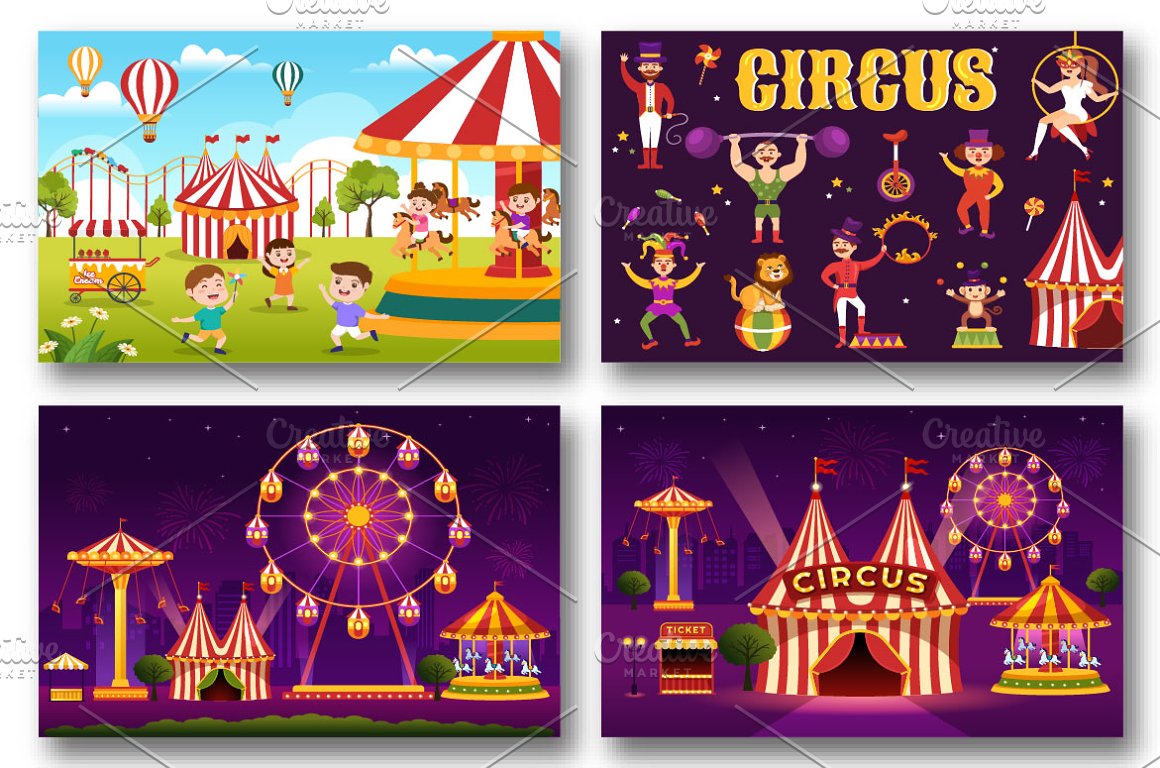 3 purple and 1 colorful nature photos of circus.