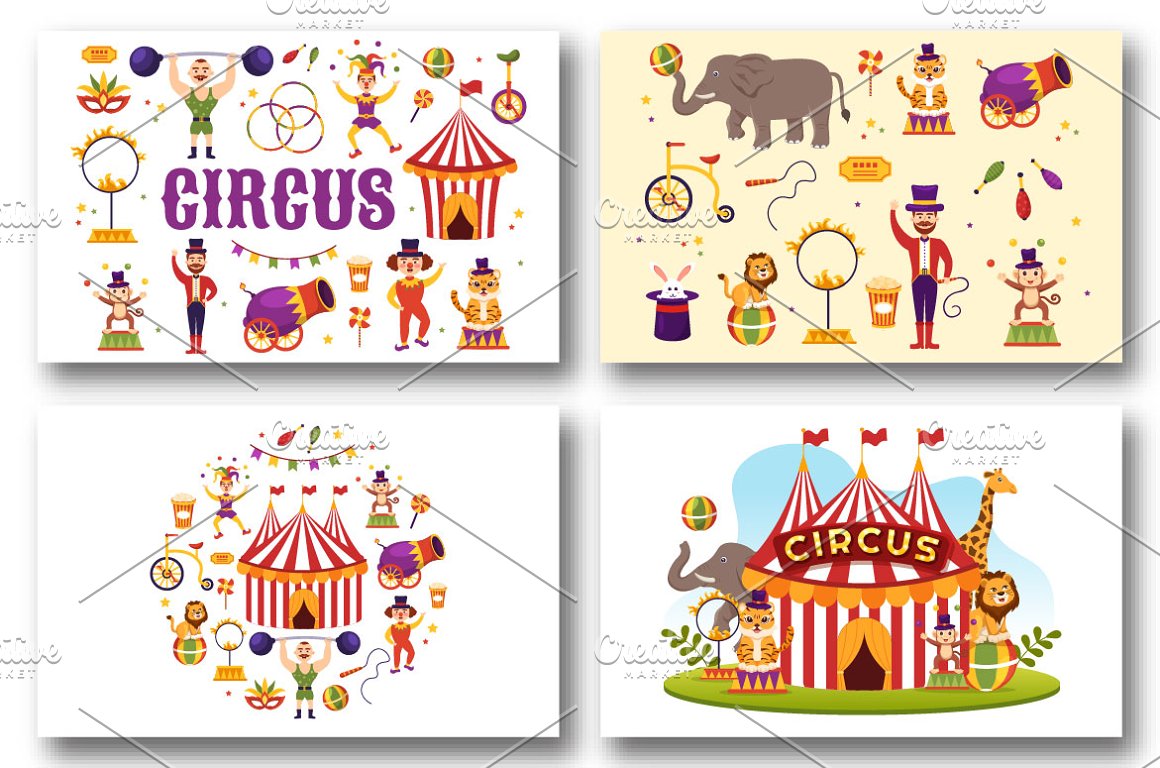 4 different pictures of different circus elements on a white background.