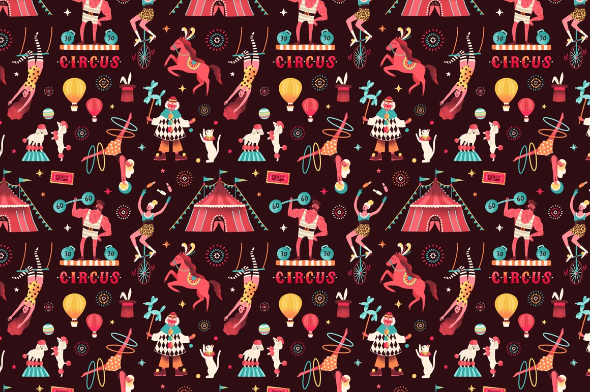 Circus seamless patterns on a brown background.