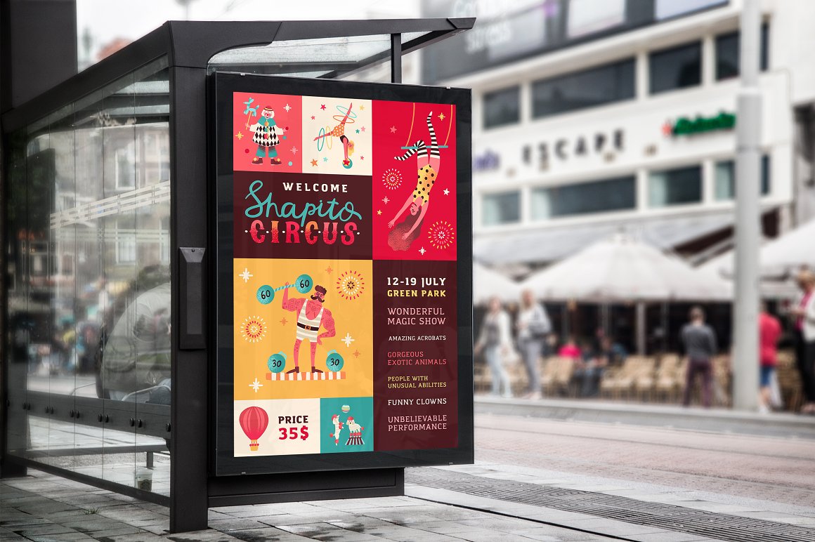 Billboard with lettering "Welcome Shapito Circus" and different colorful illustrations.