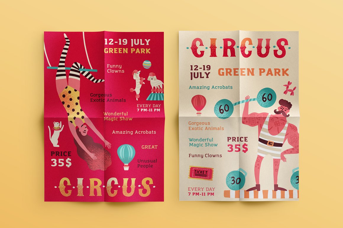 Red and white 2 posters with lettering "Circus" and different circus illustrations.