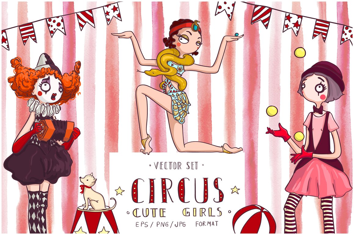 Cover with red and beige lettering "Circus Cute Girls" and 3 circus girls illustrations on a white and pink background.