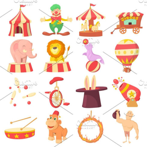 Circus Icons Set, Cartoon Style.