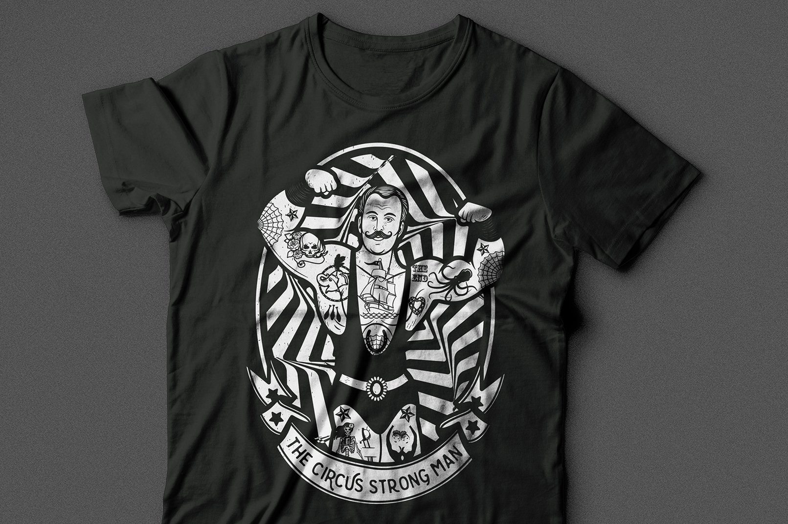 Black t-shirt with a BW circus graphic.