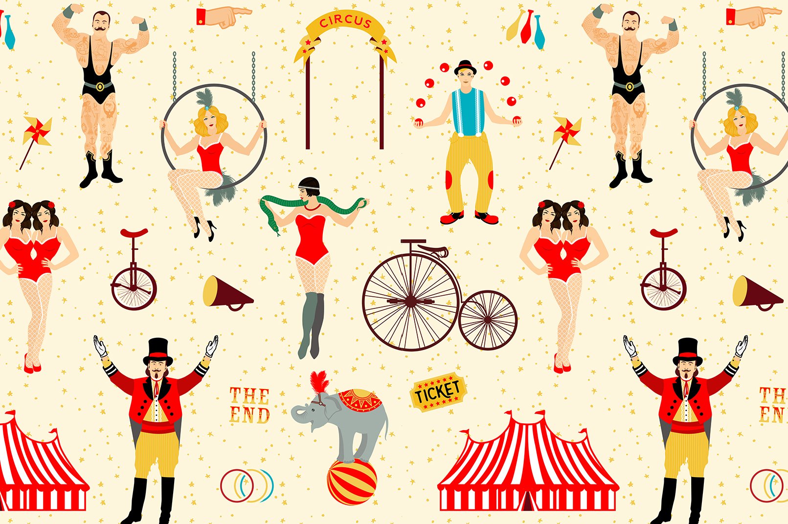 Beige background with lots of circus elements.