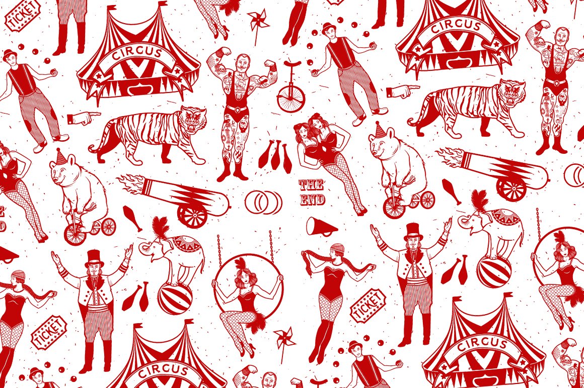 A set of red vintage circus patterns on a white background.