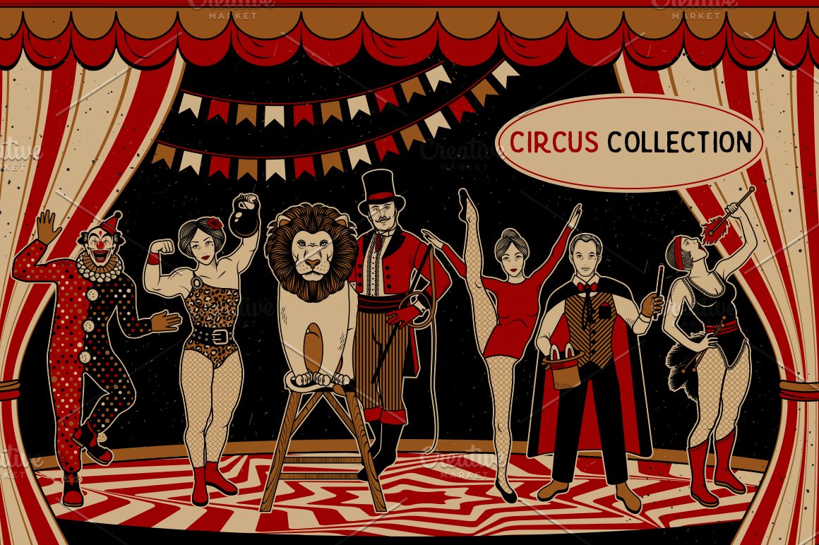 Cover with red and black lettering "Circus Collection" and different circus characters.